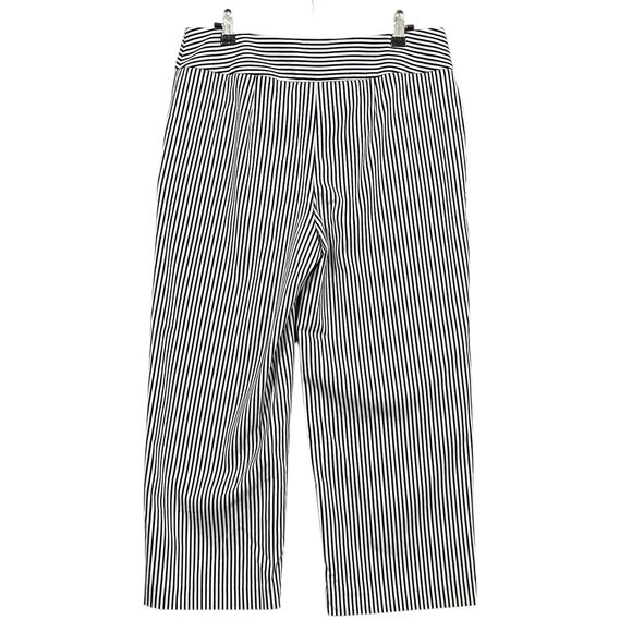 CHICOS Navy Blue White Pinstripe Cropped Stretch Poly Sailor Pants - Picture 2 of 8